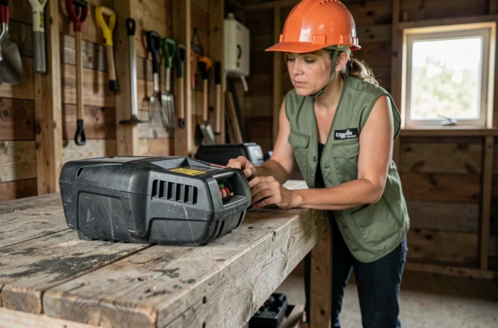 Femme inspectant la batterie de la tronçonneuse Black+Decker GKC3630L25-QW posée sur un établi en bois dans un atelier de jardin