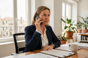 Femme d'affaires utilisant un téléphone fixe avec indicatif 04 12 dans un bureau moderne en France