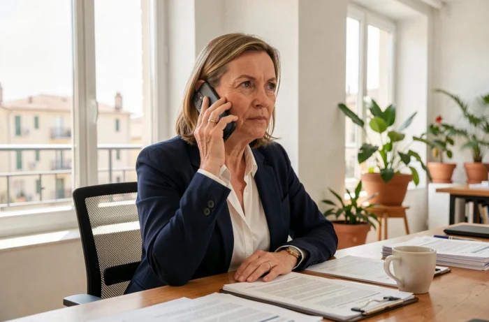 Femme d'affaires utilisant un téléphone fixe avec indicatif 04 12 dans un bureau moderne en France