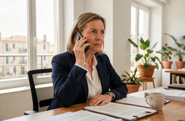 Femme d'affaires utilisant un téléphone fixe avec indicatif 04 12 dans un bureau moderne en France