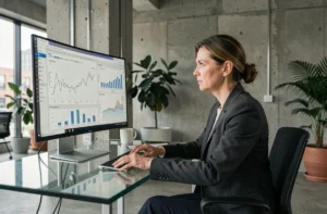 Femme cadre analysant des données liées au concept kectayaznindus en 2026 dans un bureau moderne