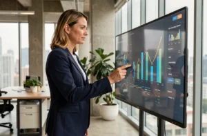 Femme cadre analysant des tendances business sur un écran tactile dans un bureau moderne en 2024