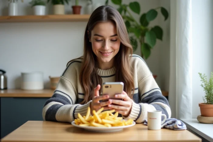 Jeune femme consultant une application de calcul de portions sur smartphone devant une assiette de frites maison dans un appartement scandinave