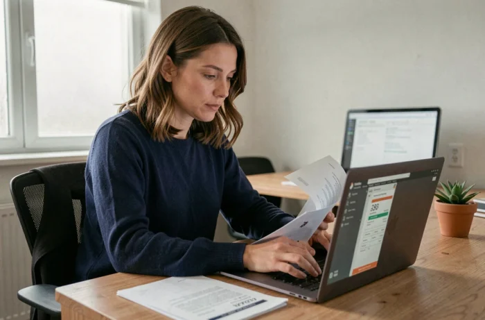 Femme comparant des offres de crédit en ligne sur un ordinateur portable dans un bureau à domicile