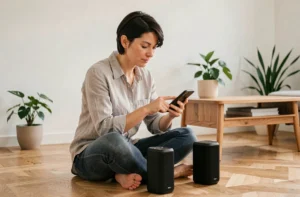 Femme connectant plusieurs enceintes Bluetooth simultanément via une application sur smartphone dans un salon moderne
