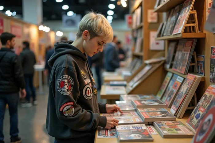 Femme passionnée de culture geek feuilletant des bandes dessinées et romans de science-fiction dans une convention comics