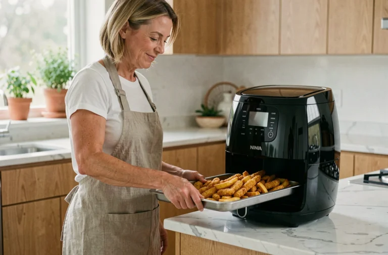 Femme préparant des légumes croustillants dans une Air Fryer Ninja dans une cuisine moderne avec plan de travail en marbre
