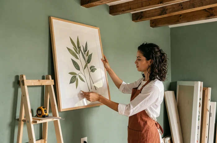 Femme décorant un mur vert sauge en accrochant une illustration botanique encadrée dans un studio créatif