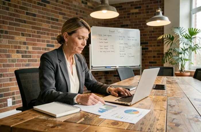 Femme d'affaires analysant des graphiques de croissance financière en salle de réunion, symbolisant les leçons entrepreneuriales tirées des grandes fortunes