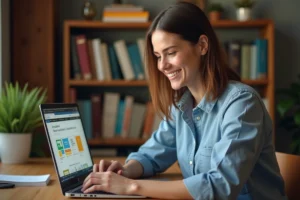 Femme utilisant un ordinateur portable pour explorer des ressources web dans un bureau à domicile moderne