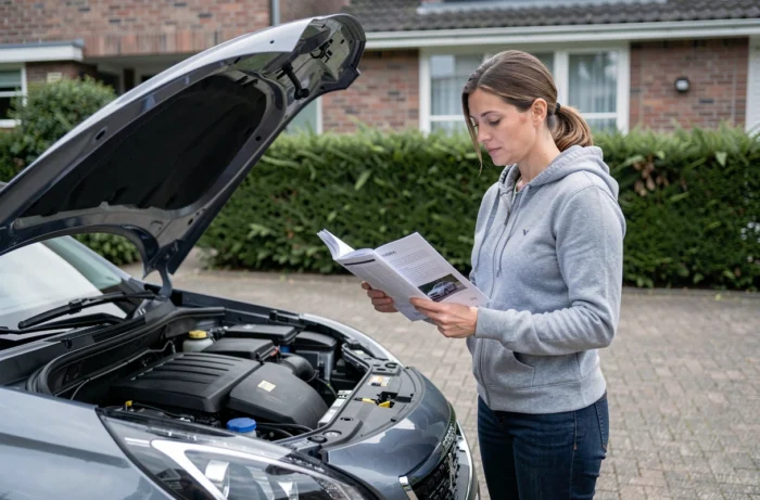 Femme consultant le manuel du propriétaire d'une Peugeot 2008 grise pour choisir la bonne huile moteur dans une allée résidentielle