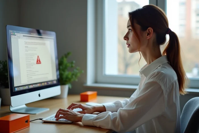 Femme devant un ordinateur portable affichant une erreur de connexion avec une box Orange déconnectée sur le bureau