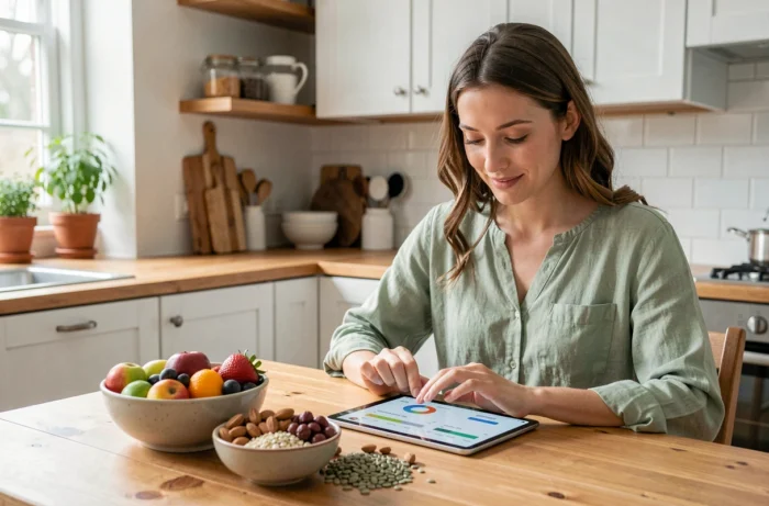 Femme consultant une plateforme de bien-être et nutrition sur tablette avec des aliments sains sur une table en bois