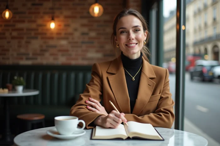Femme élégante et confiante assise dans un café parisien avec carnet et espresso, style éditorial magazine