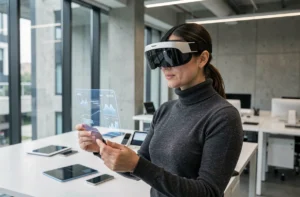 Femme utilisant un casque de réalité augmentée dans un bureau moderne, illustrant les innovations technologiques transformant le quotidien professionnel