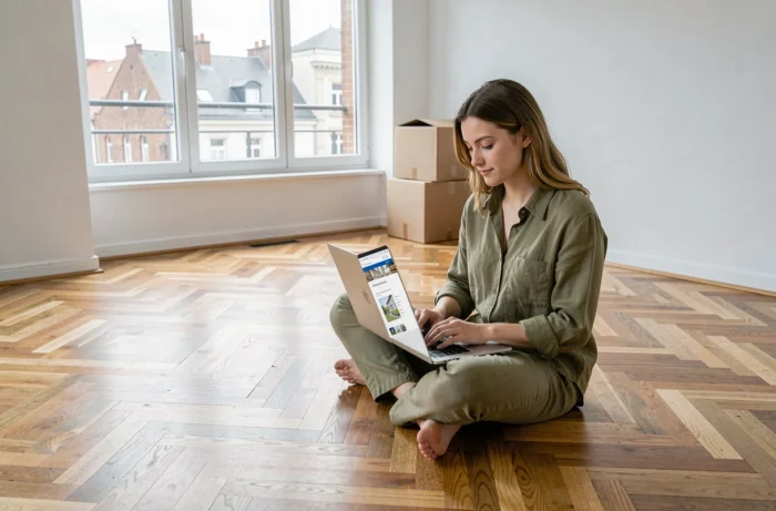 Jeune femme recherchant un logement à louer sur un site d'agence immobilière depuis un appartement vide