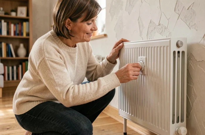 Femme ajustant le thermostat d'un radiateur moderne dans un salon cosy et bien décoré
