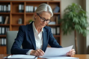 Femme senior consultant des documents de retraite IRCEM à son bureau