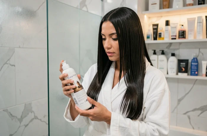 Femme aux cheveux lisses après lissage brésilien lisant l'étiquette d'un shampoing sans sulfate dans une salle de bain moderne en marbre blanc
