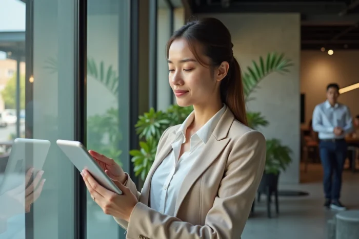 Une professionnelle consulte une simulation de crédit patrimonial sur tablette dans un espace de coworking contemporain