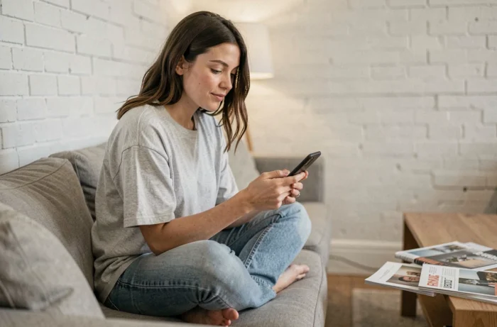 Femme consultant son smartphone pour retrouver un nouveau lien de site de streaming depuis son salon