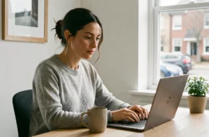 Femme concentrée travaillant depuis son bureau à domicile avec un ordinateur portable et une tasse de café