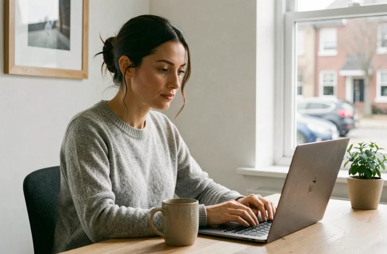 Femme concentrée travaillant depuis son bureau à domicile avec un ordinateur portable et une tasse de café