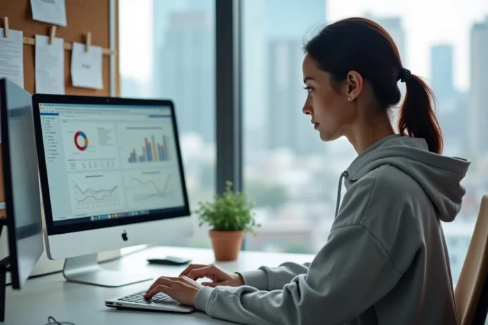 Femme travaillant sur les tendances du numérique depuis un bureau à domicile moderne
