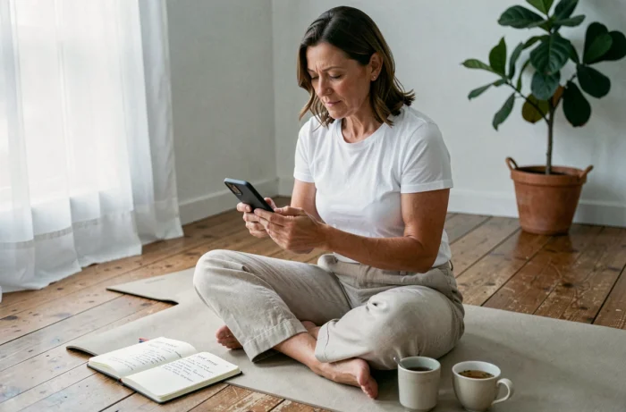 Femme assise sur un tapis de yoga consultant une application de bien-être et nutrition sur smartphone