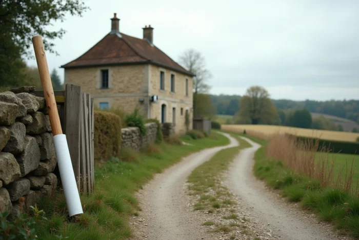 Ferme rurale française avec document de permis de construire illustrant les règles du règlement national d'urbanisme (RNU)