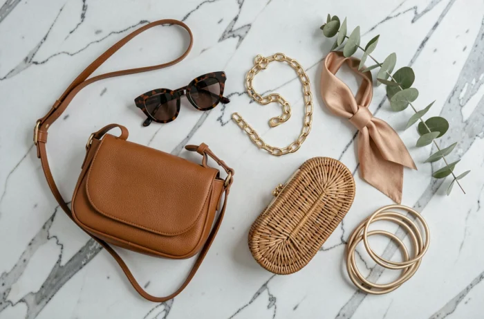 Flat-lay d'accessoires tendance saison incluant sac en cuir cognac lunettes écaille collier doré pochette en raphia et foulard soie sur marbre blanc