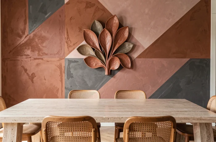 Mur de salle à manger avec fresque géométrique terracotta et art mural en céramique sculpturale