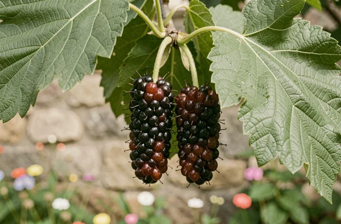 Gros plan sur des fruits mûrs de mûrier platane prêts à être récoltés, avec des feuilles vertes au premier plan