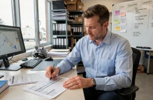 Gestionnaire de flotte analysant les coûts kilométriques de camions sur des documents imprimés dans un bureau logistique