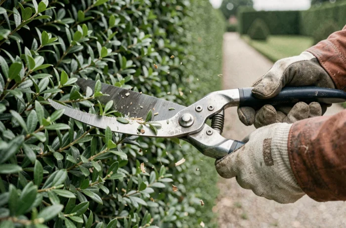 Gros plan sur des cisailles de jardinier taillant une haie d'if avec des gants de travail et des rognures de feuillage visibles
