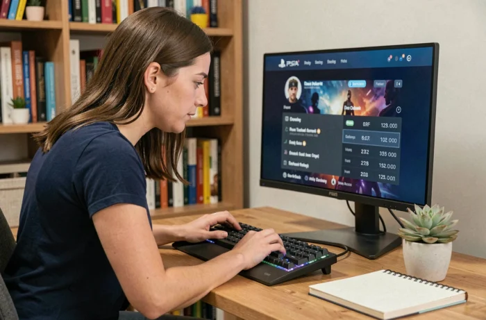 Femme vérifiant l'historique de temps de jeu PS4 sur un moniteur de bureau à domicile