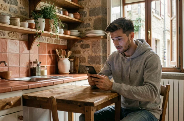 Jeune homme consultant son smartphone pour identifier un numéro de téléphone en indicatif 04 dans un appartement français