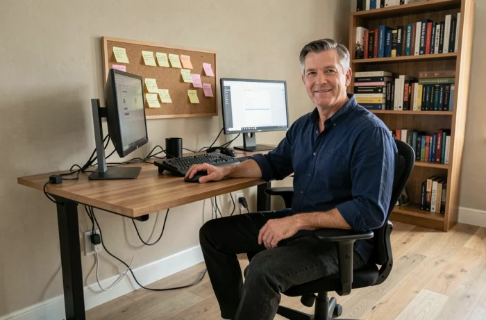 Homme en télétravail dans un bureau à domicile aménagé avec double écran et tableau de notes