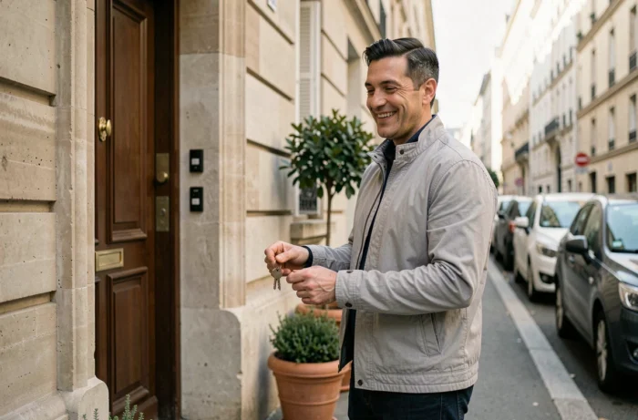 Homme tenant des clés devant l'entrée d'un appartement trouvé grâce à une agence de location