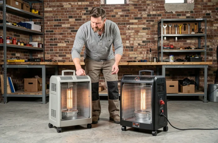 Homme comparant deux radiateurs électriques portables dans une pièce utilitaire avec murs en brique