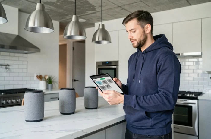 Homme configurant trois enceintes Bluetooth avec une tablette dans une cuisine moderne au design contemporain