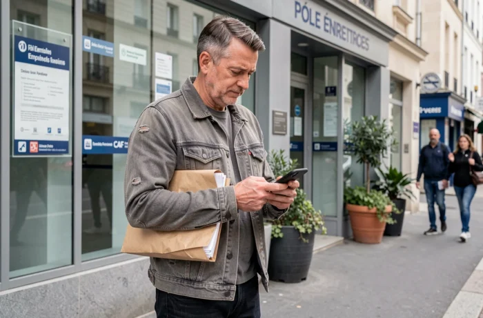 Homme consultant son téléphone devant un bureau CAF ou Pôle Emploi avec ses documents RSA