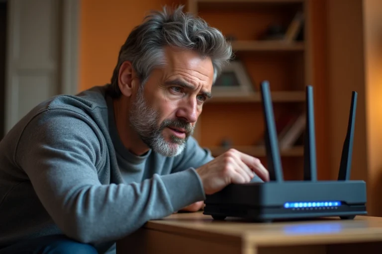 Homme examinant sa box Orange pour résoudre le code erreur S01-06 dans un salon moderne
