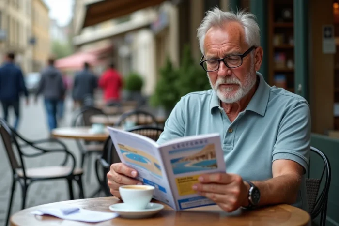 Homme lisant attentivement un catalogue de voyages Leclerc en terrasse de café pour évaluer une promotion