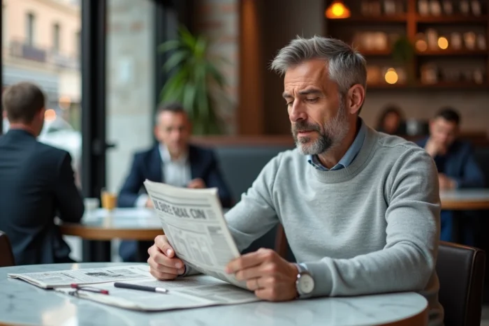 Homme prenant des notes sur des investissements boursiers dans un café urbain avec journal financier