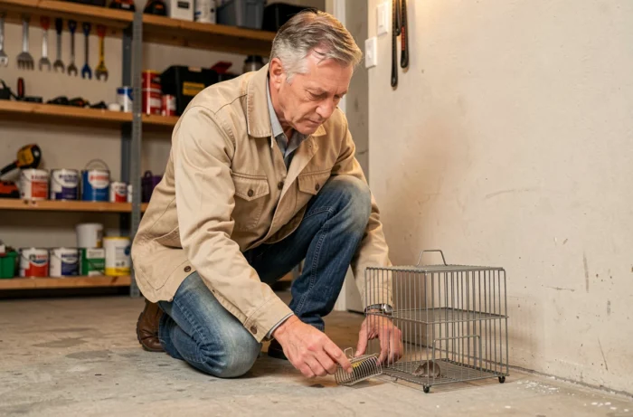 Homme posant un piège à fouine dans son garage avec des étagères d'outils en arrière-plan