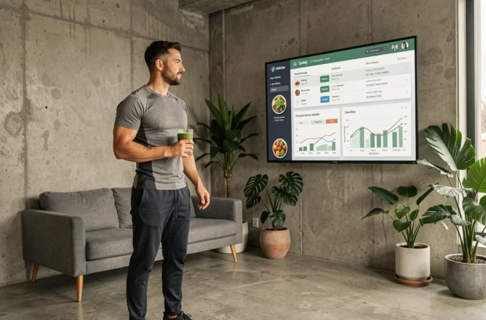 Homme consultant un programme de nutrition et bien-être sur un écran connecté dans un salon moderne