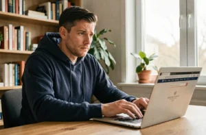 Homme cherchant la nouvelle adresse d'un site de streaming sur son ordinateur portable dans un bureau à domicile