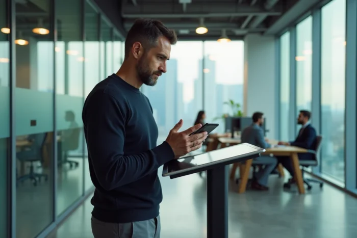 Homme professionnel consultant une bibliothèque de ressources numériques sur tablette dans un bureau moderne