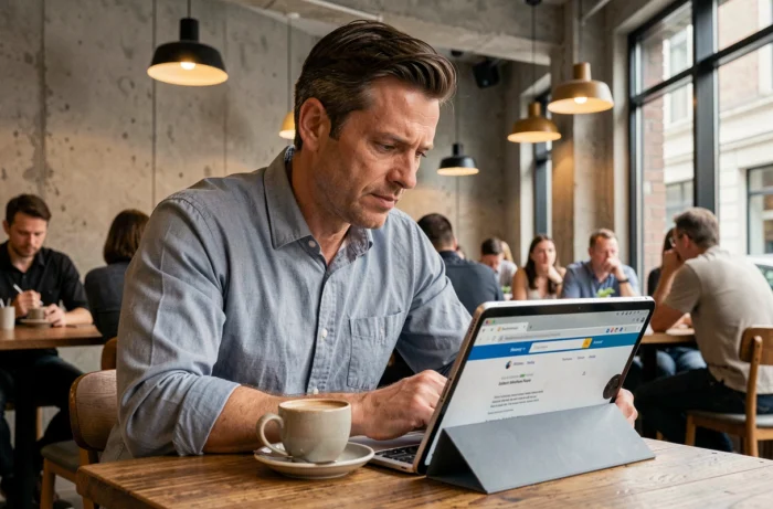 Homme d'âge moyen naviguant sur une tablette dans un café pour trouver la nouvelle adresse d'un site de streaming